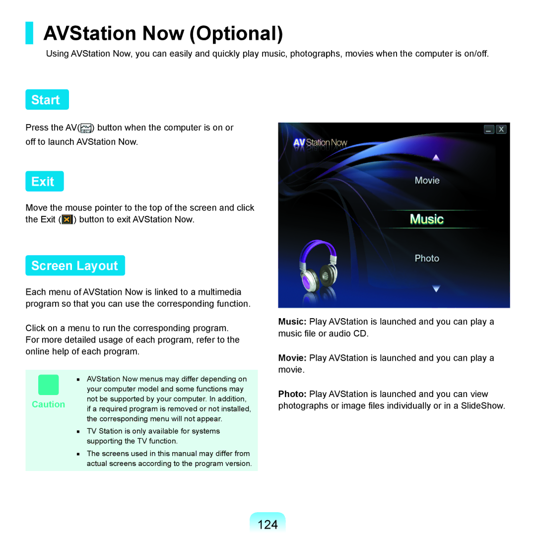 Samsung Q71 manual AVStation Now Optional, Start, Exit, Screen Layout, 124 