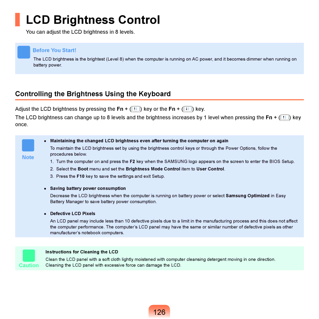 Samsung Q71 manual LCD Brightness Control, 126, Controlling the Brightness Using the Keyboard 