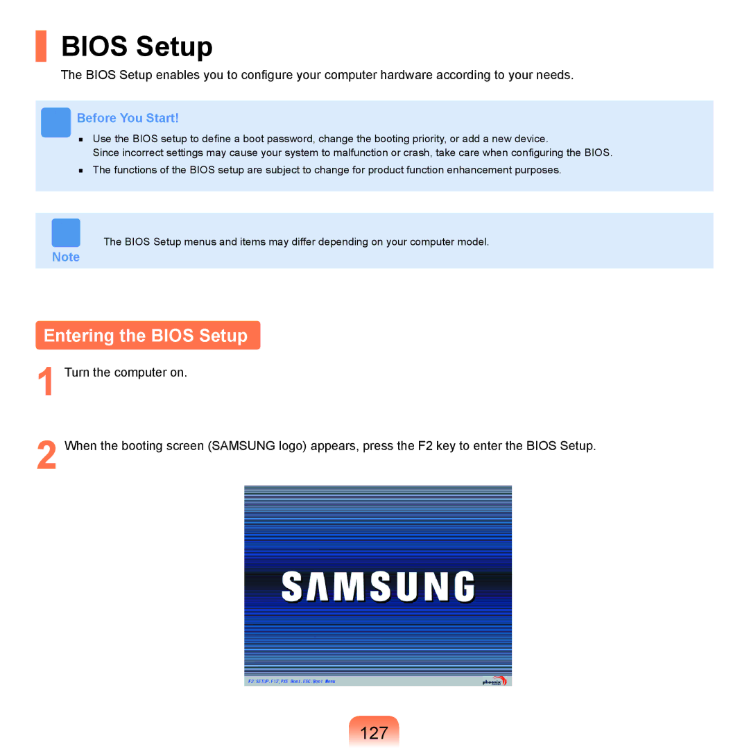 Samsung Q71 manual Entering the Bios Setup, 127 