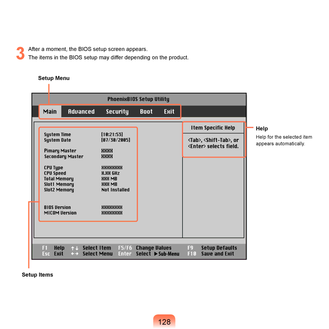 Samsung Q71 manual 128, Setup Menu Help, Setup Items 