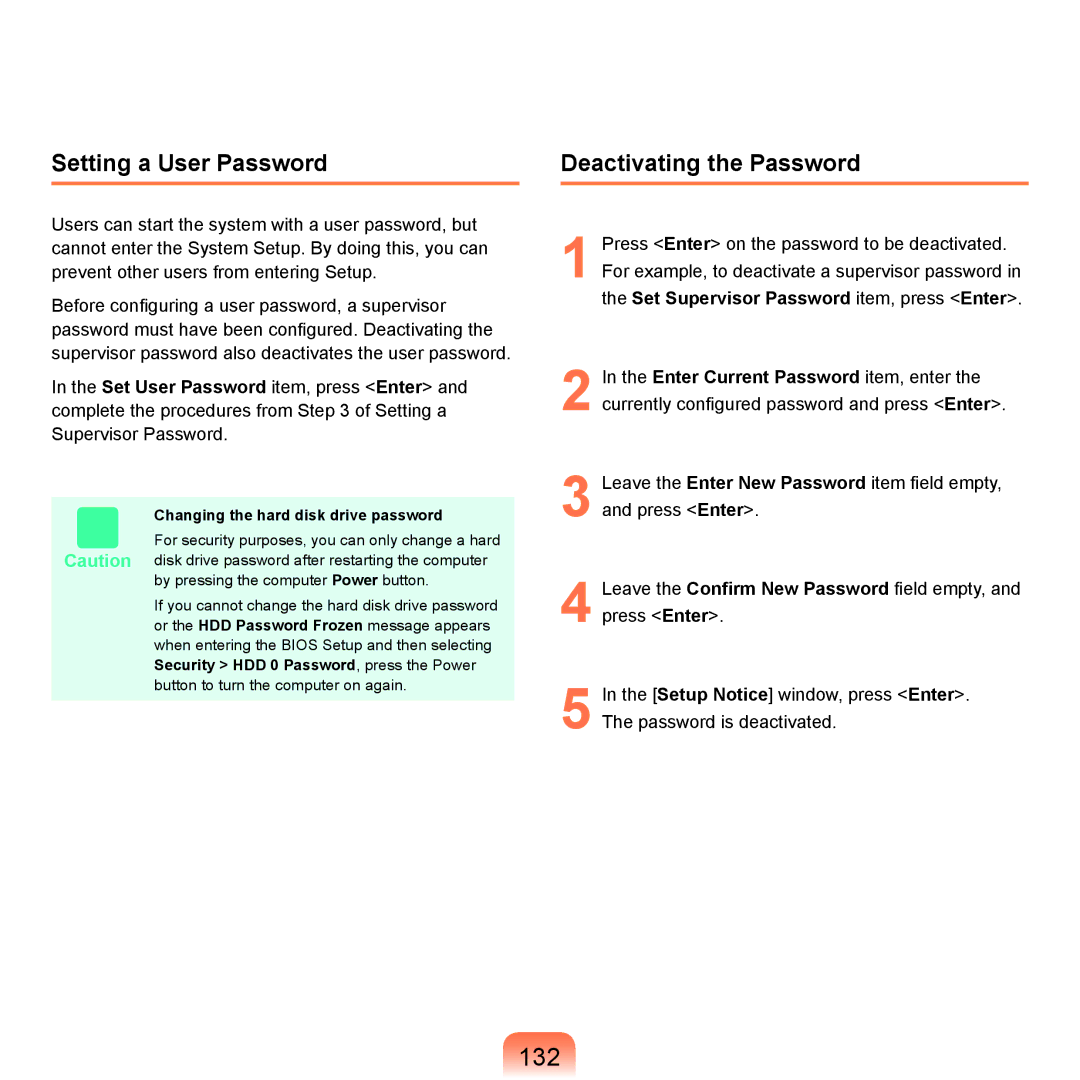 Samsung Q71 manual 132, Setting a User Password, Deactivating the Password, Changing the hard disk drive password 