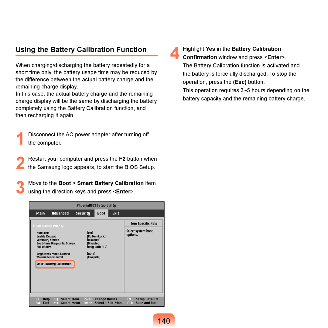 Samsung Q71 manual 140, Using the Battery Calibration Function 