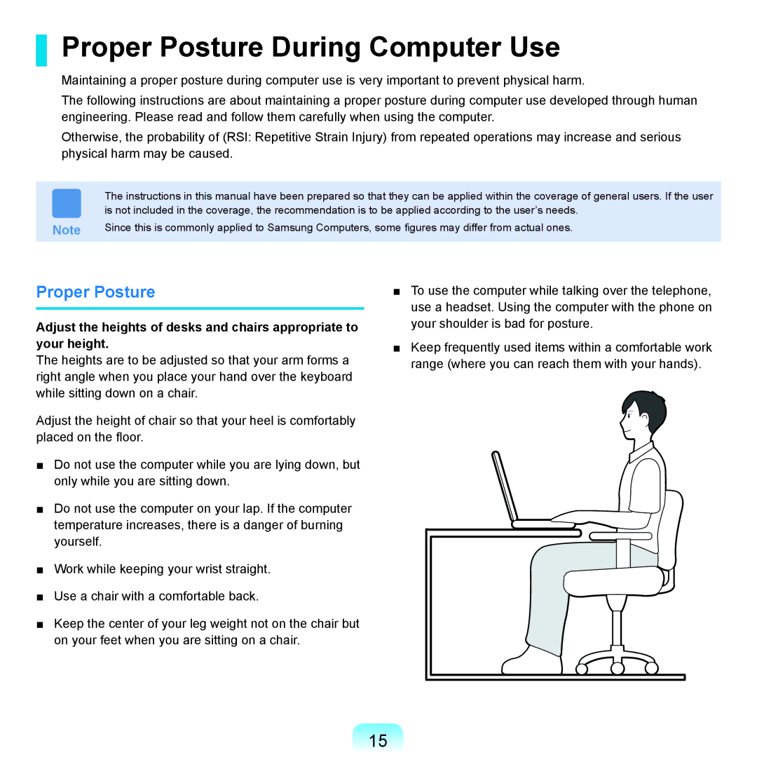 Samsung Q71 manual Proper Posture During Computer Use 