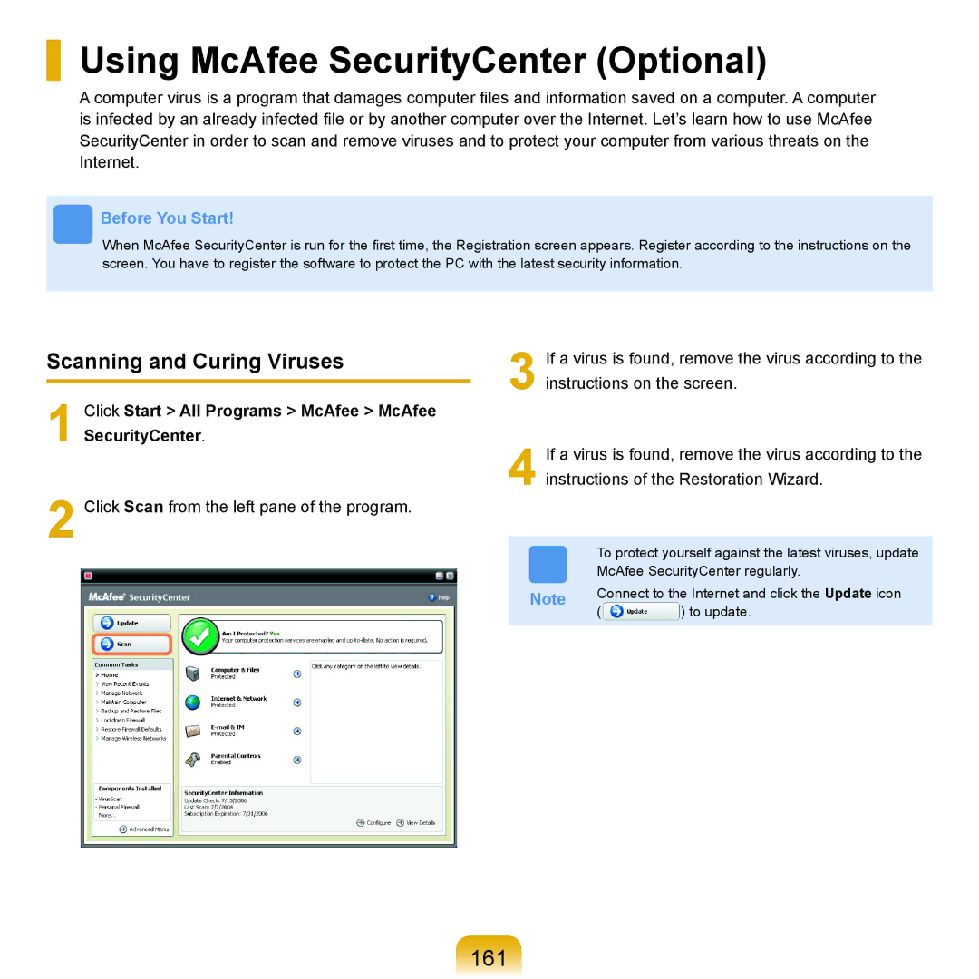 Samsung Q71 manual Using McAfee SecurityCenter Optional, 161, Scanning and Curing Viruses 