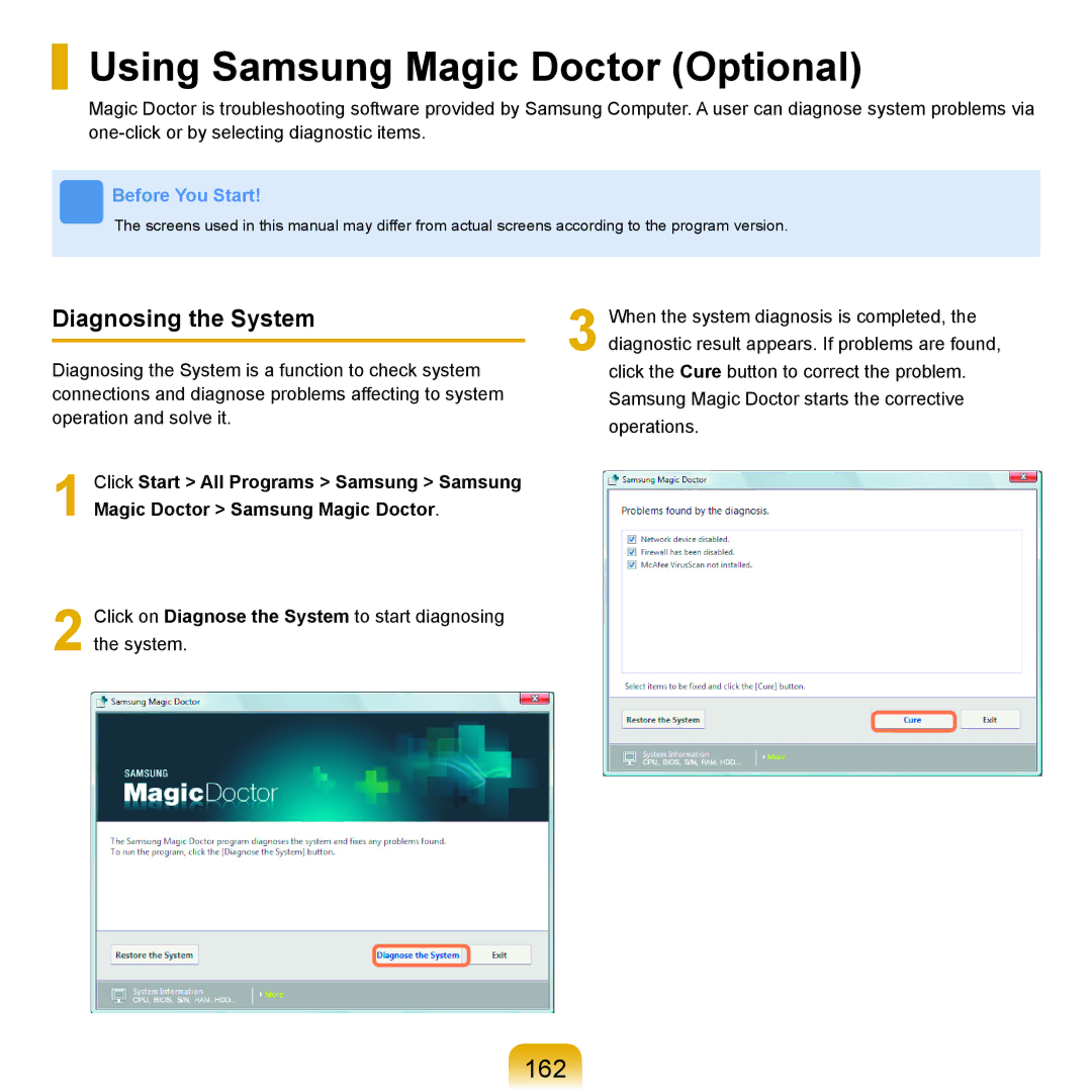 Samsung Q71 manual Using Samsung Magic Doctor Optional, 162, Diagnosing the System 