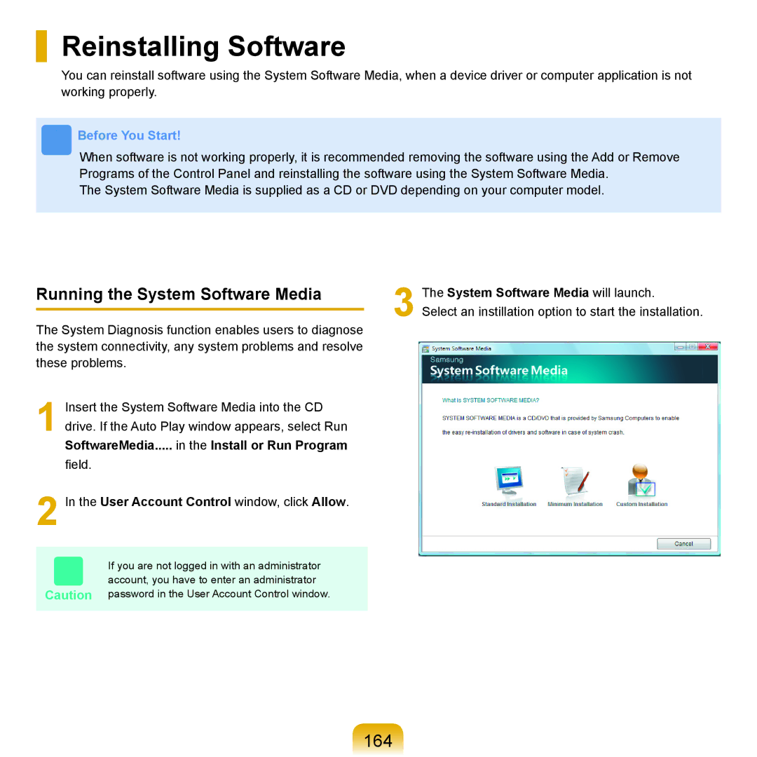 Samsung Q71 manual Reinstalling Software, 164, Running the System Software Media, User Account Control window, click Allow 