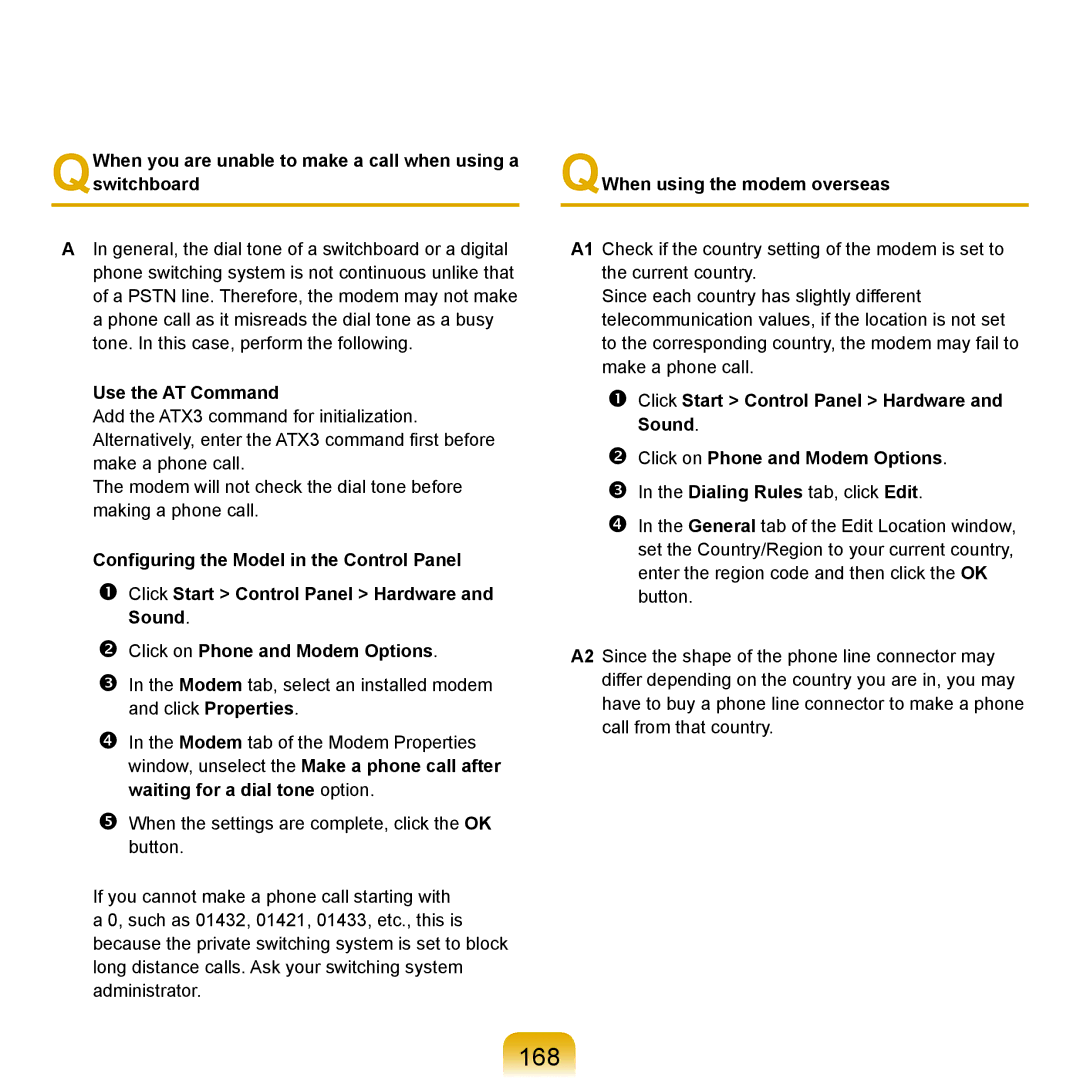 Samsung Q71 manual 168, Use the AT Command, QWhen using the modem overseas 