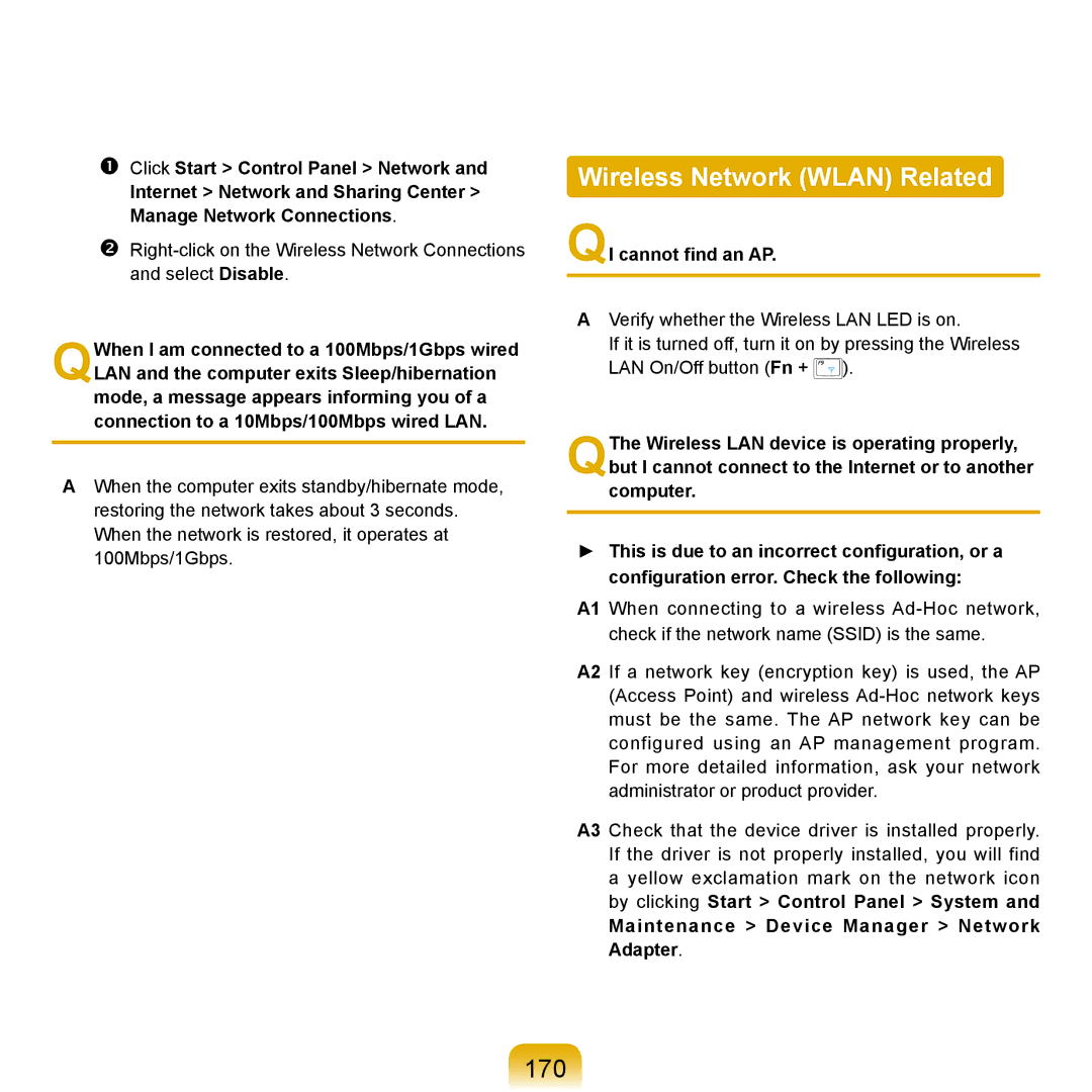 Samsung Q71 manual Wireless Network Wlan Related, 170, QI cannot ﬁnd an AP, Maintenance Device Manager Network Adapter 