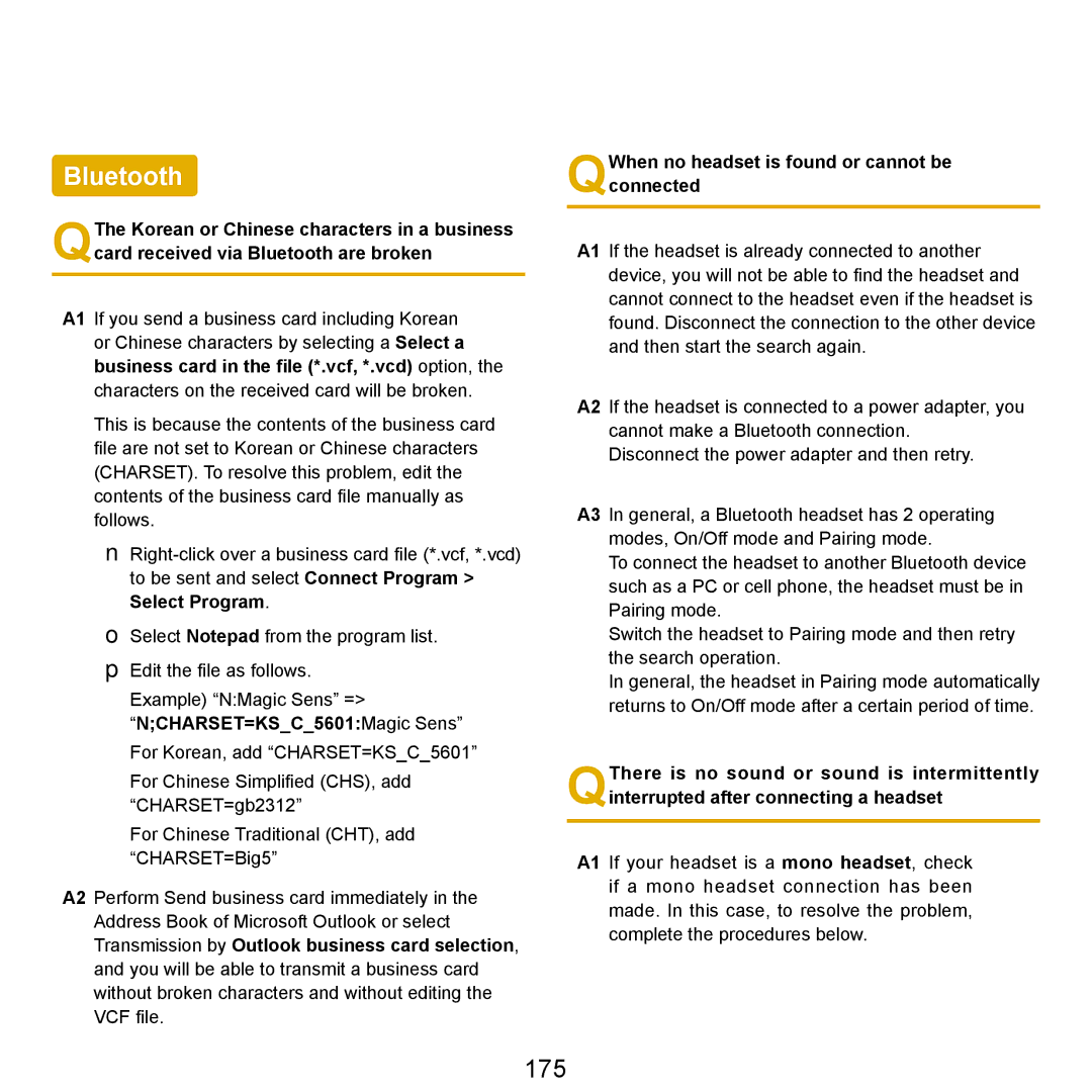 Samsung Q71 manual Bluetooth, 175, NCHARSET=KSC5601Magic Sens For Korean, add CHARSET=KSC5601 