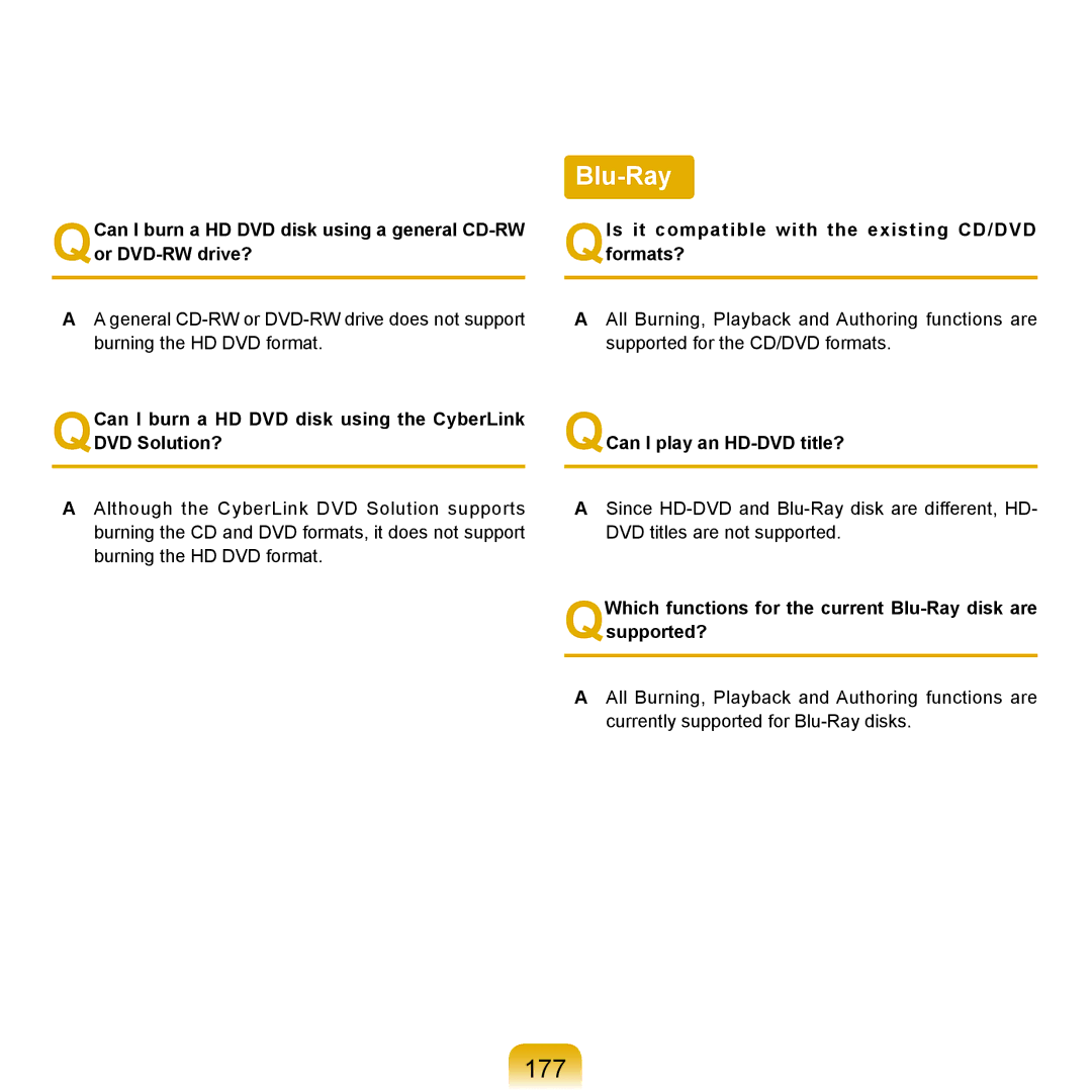 Samsung Q71 manual 177, QCan I burn a HD DVD disk using the CyberLink DVD Solution?, QCan I play an HD-DVD title? 