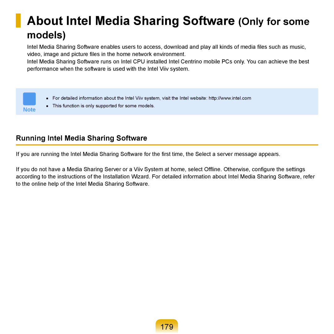 Samsung Q71 manual About Intel Media Sharing Software Only for some, 179, Running Intel Media Sharing Software 