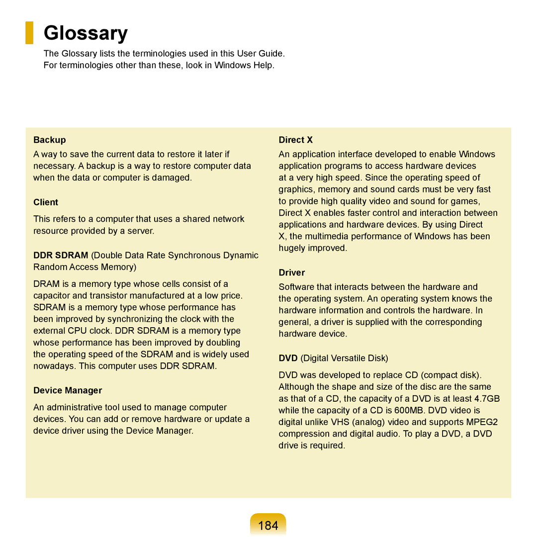 Samsung Q71 manual Glossary, 184 