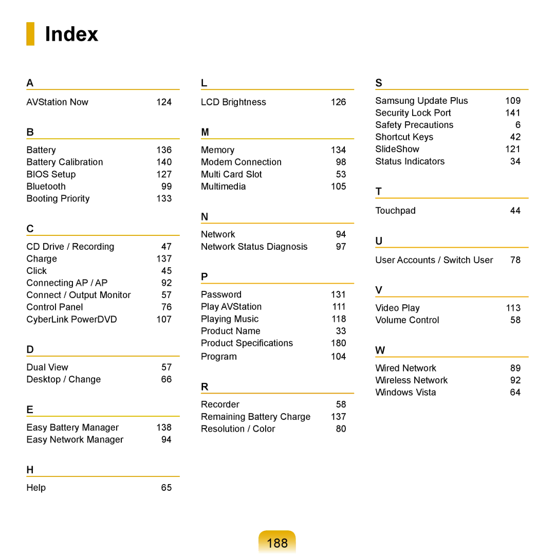 Samsung Q71 manual Index, 188 