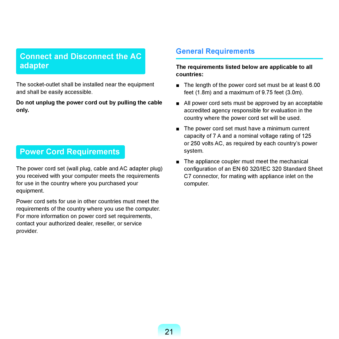 Samsung Q71 manual Connect and Disconnect the AC adapter, Power Cord Requirements, General Requirements 