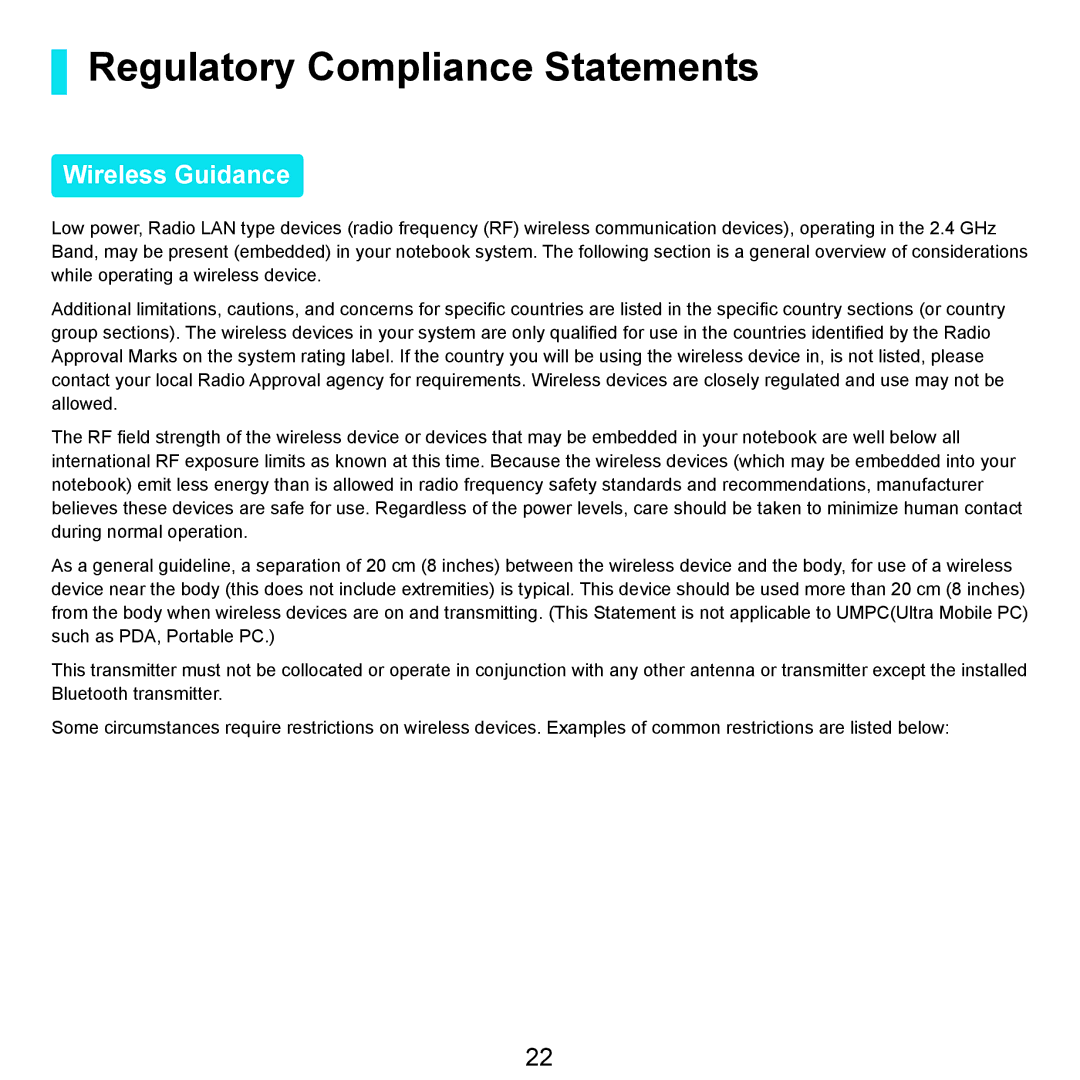 Samsung Q71 manual Regulatory Compliance Statements, Wireless Guidance 