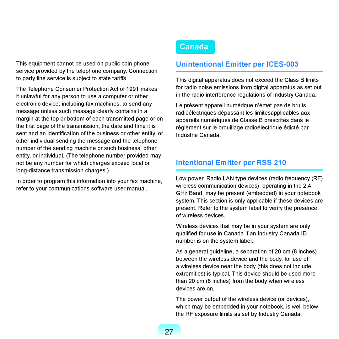 Samsung Q71 manual Canada, Unintentional Emitter per ICES-003, Intentional Emitter per RSS 