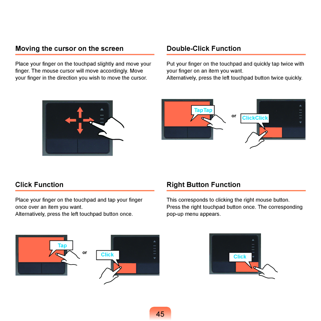 Samsung Q71 manual Moving the cursor on the screen, Double-Click Function, Right Button Function 