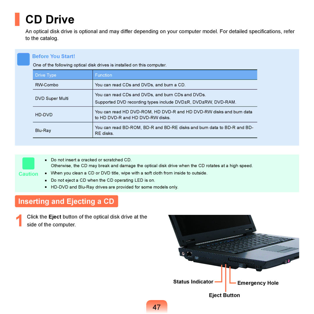 Samsung Q71 manual CD Drive, Inserting and Ejecting a CD, Status Indicator Emergency Hole Eject Button 