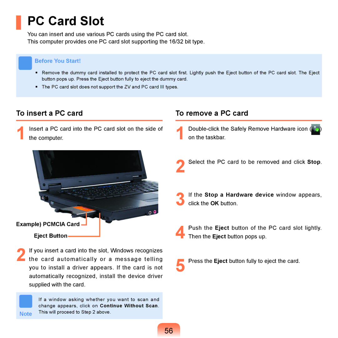 Samsung Q71 manual PC Card Slot, To insert a PC card, To remove a PC card, Example Pcmcia Card Eject Button 