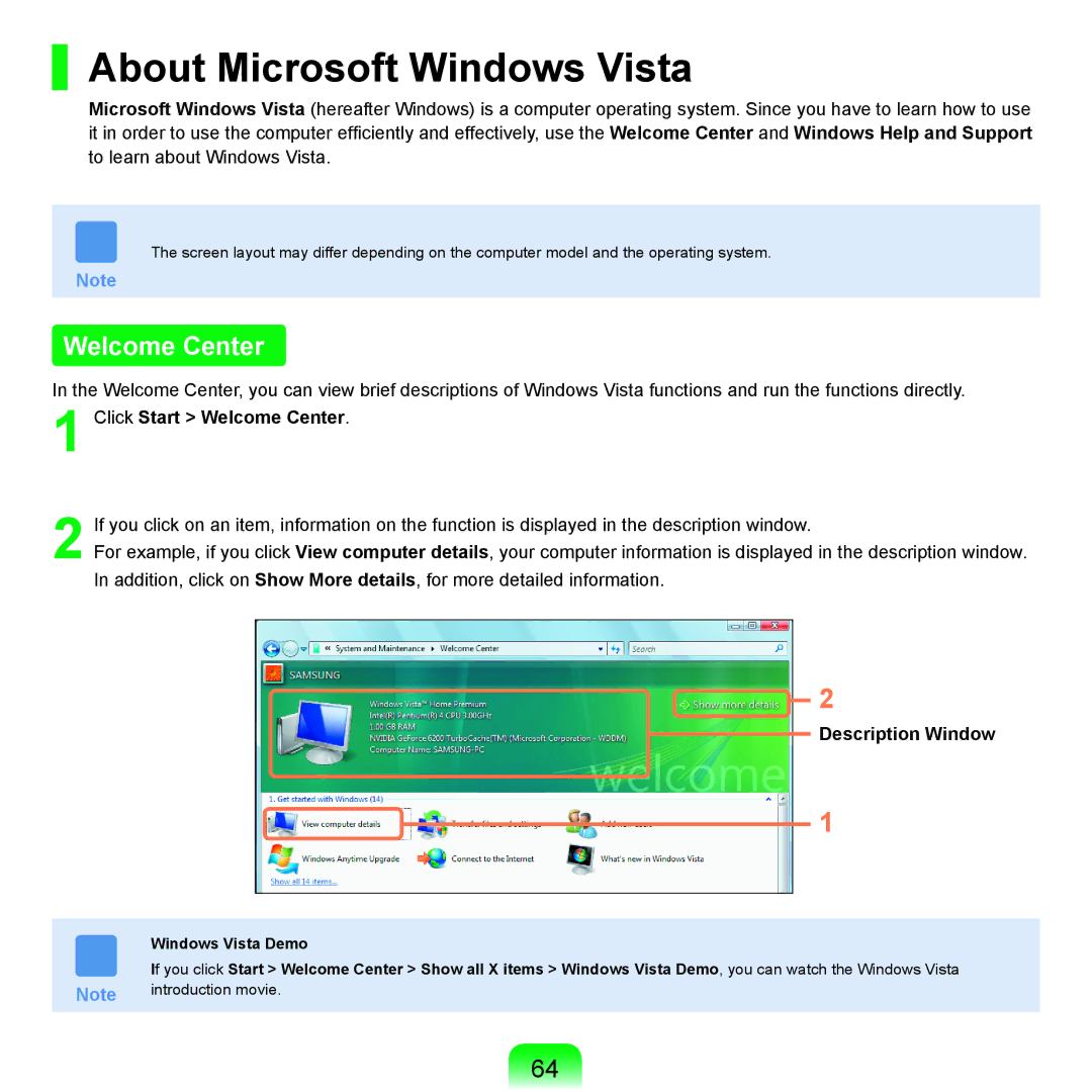 Samsung Q71 manual About Microsoft Windows Vista, Click Start Welcome Center, Description Window 