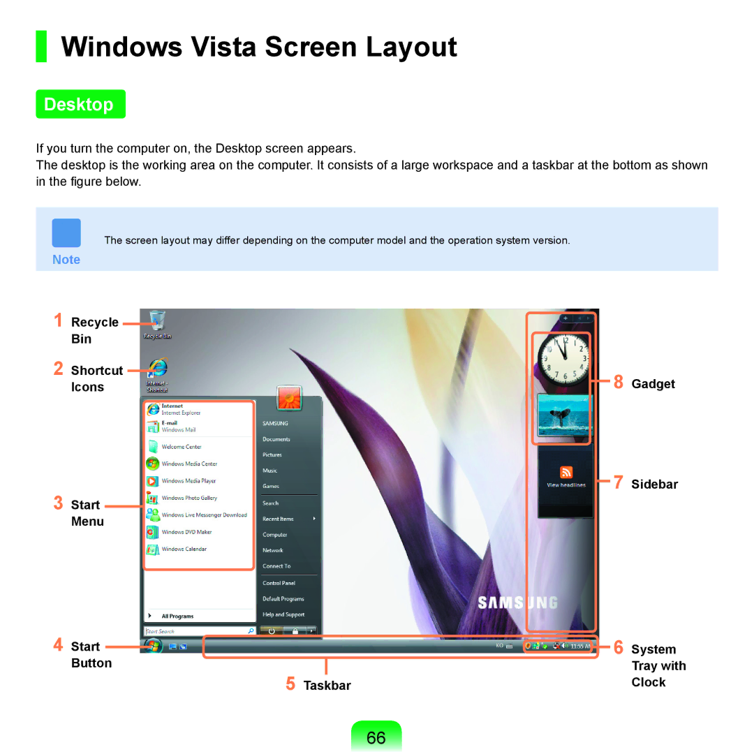 Samsung Q71 manual Windows Vista Screen Layout, Desktop, Clock 