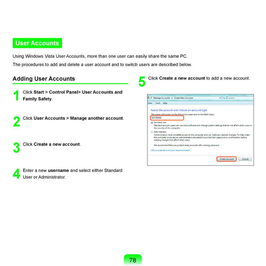 Samsung Q71 manual Adding User Accounts 