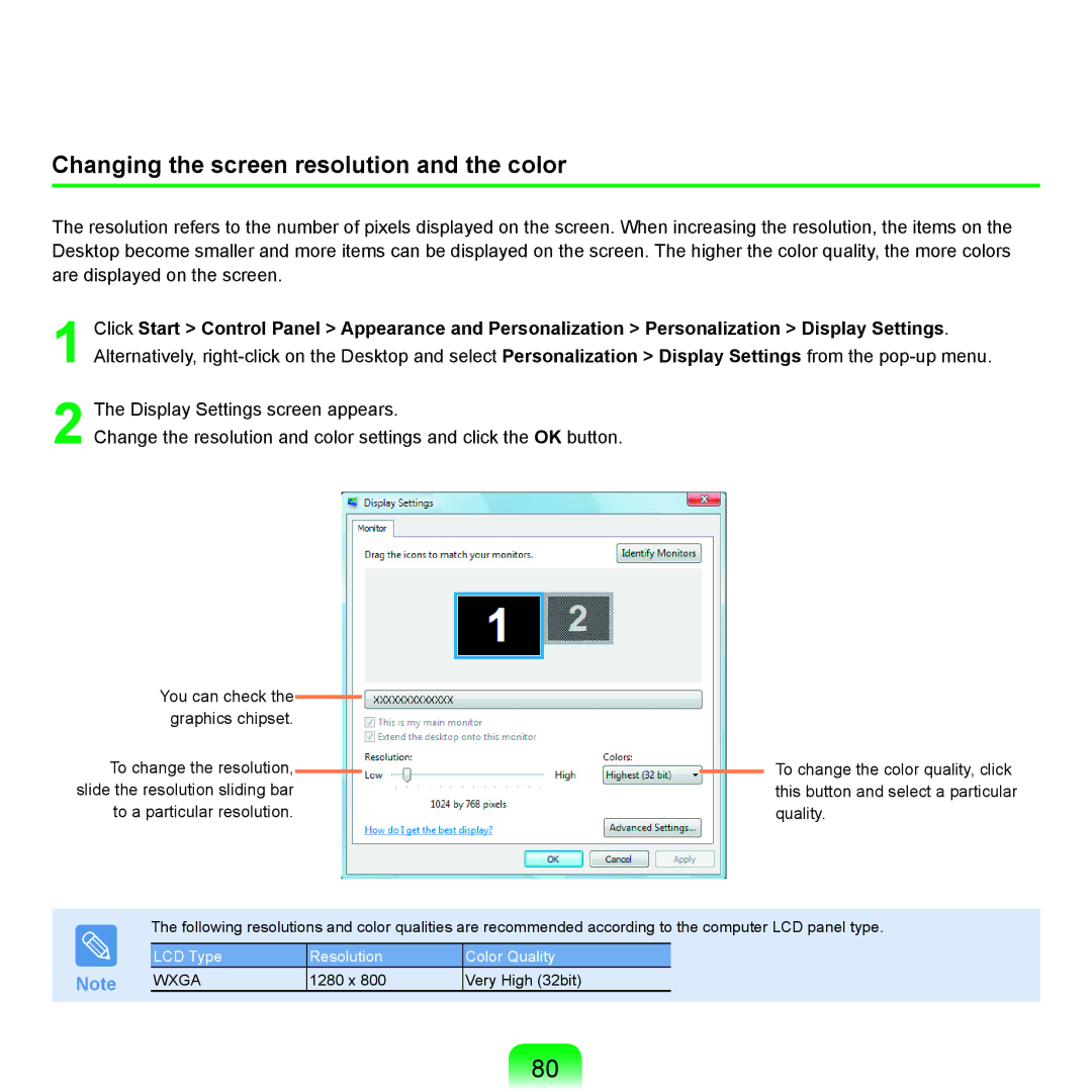 Samsung Q71 manual Changing the screen resolution and the color 