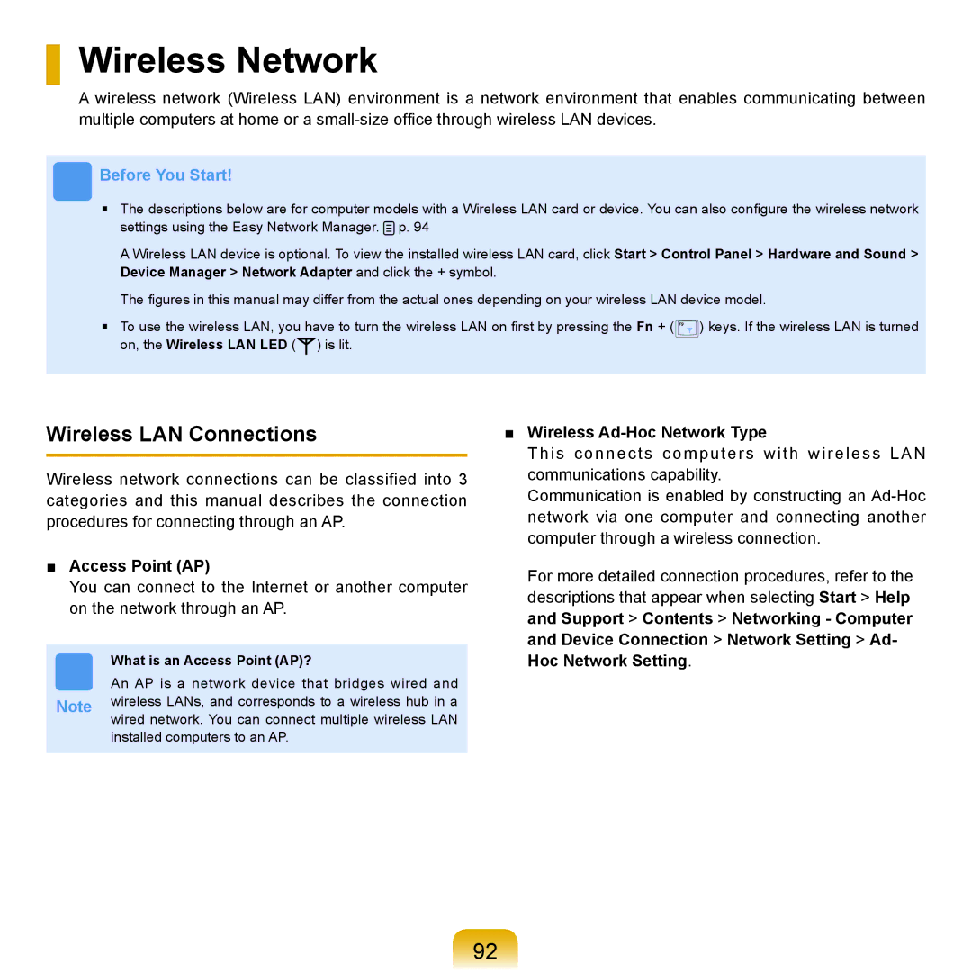 Samsung Q71 manual Wireless Network, Wireless LAN Connections, Access Point AP, Wireless Ad-Hoc Network Type 