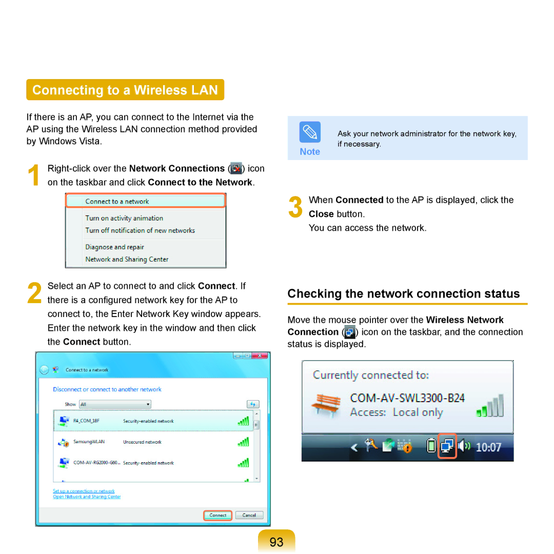 Samsung Q71 manual Connecting to a Wireless LAN, Checking the network connection status 