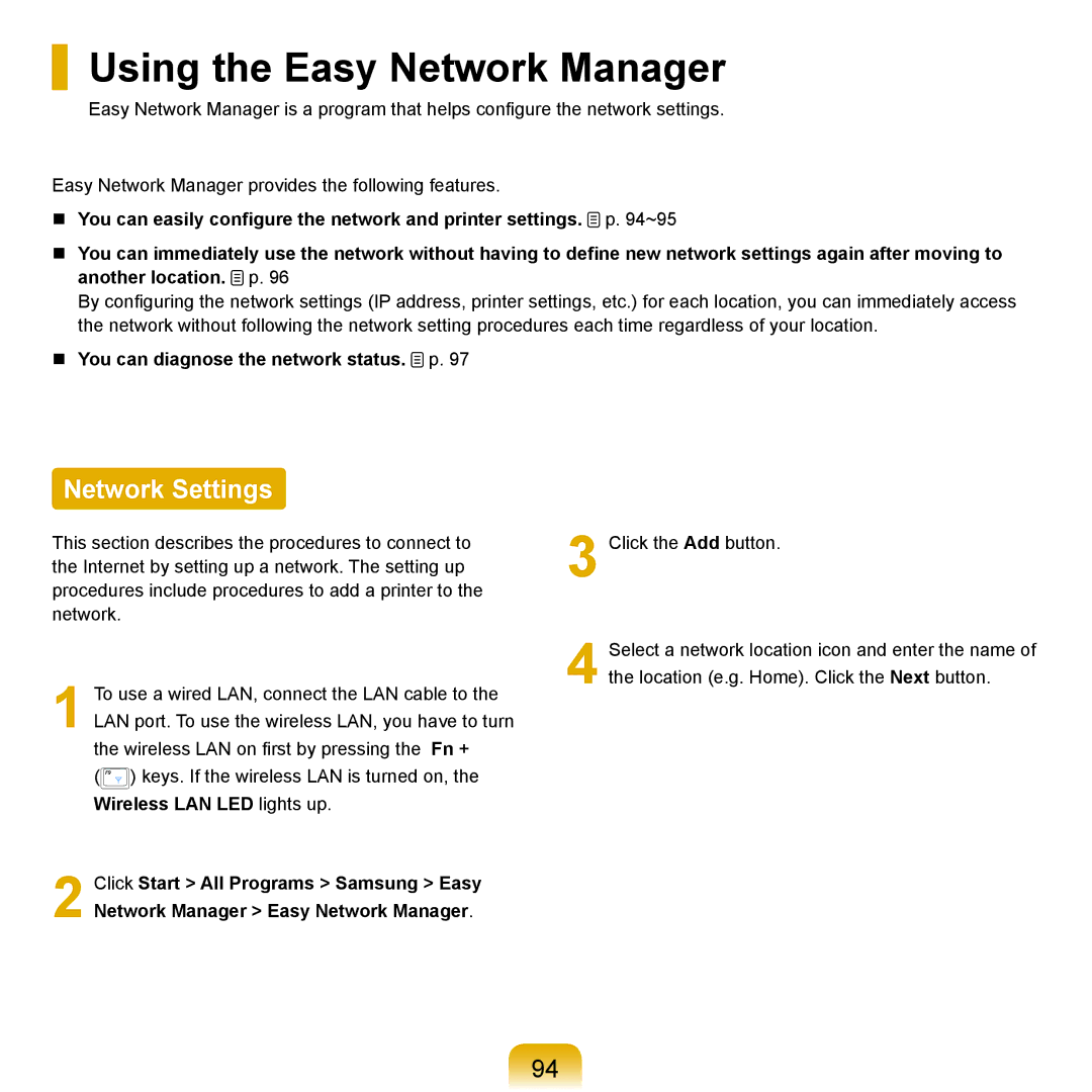 Samsung Q71 manual Using the Easy Network Manager, Network Settings,  You can diagnose the network status. p 