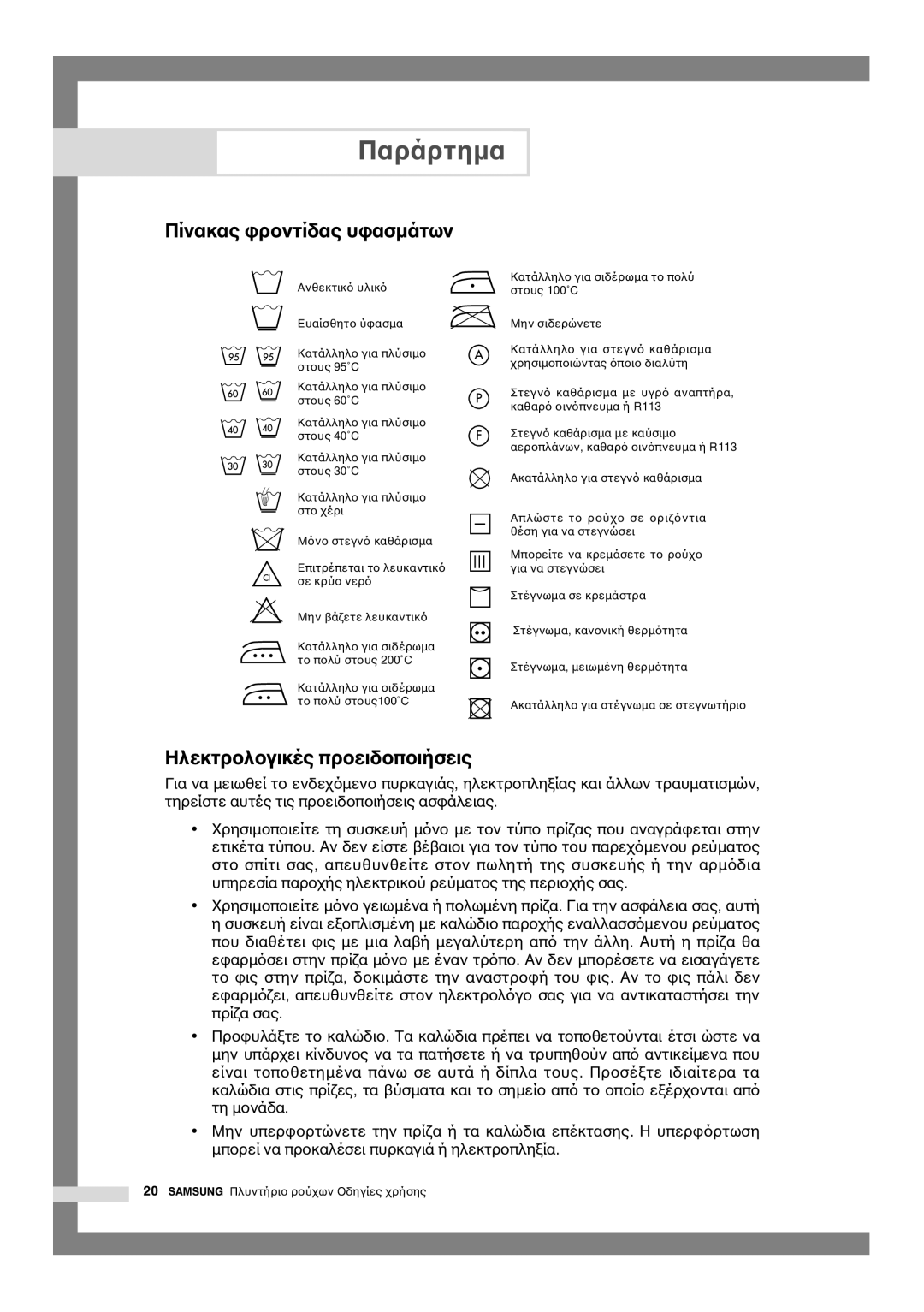 Samsung Q1044, Q844, Q1244 manual Παράρτηµα, Πίνακας, Ηλεκτρ 