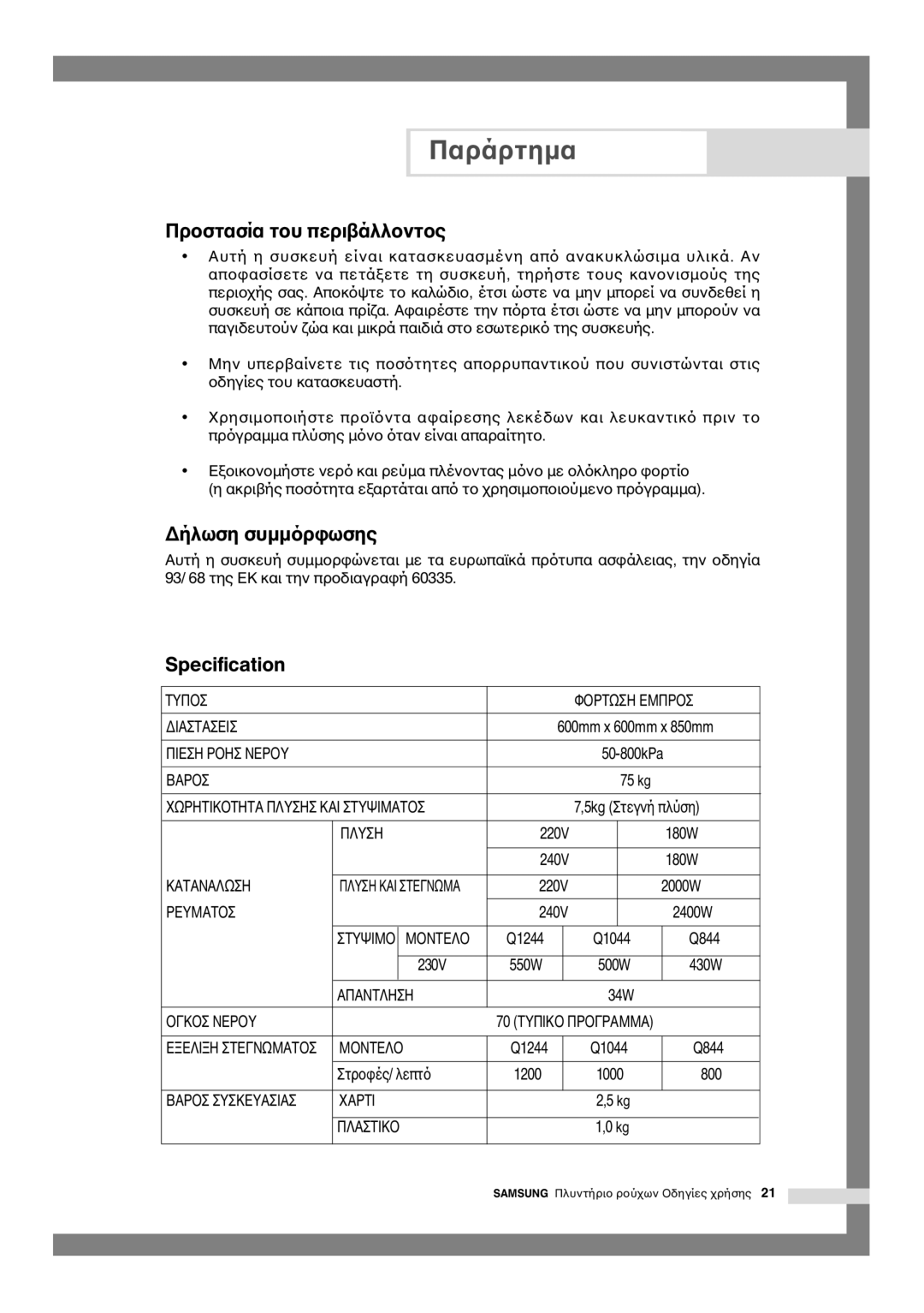 Samsung Q1244, Q844, Q1044 manual ∆ήλωση συµµ, Specification 