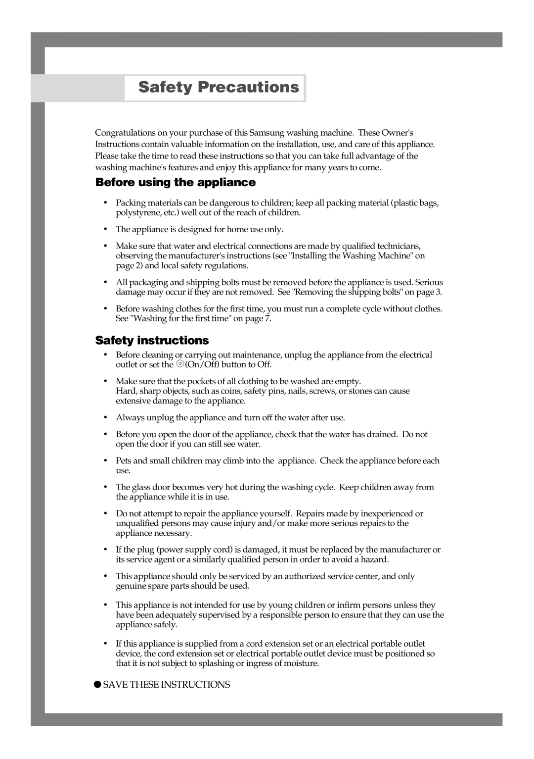 Samsung Q1244, Q844, Q1044 manual Safety Precautions, Before using the appliance, Safety instructions 