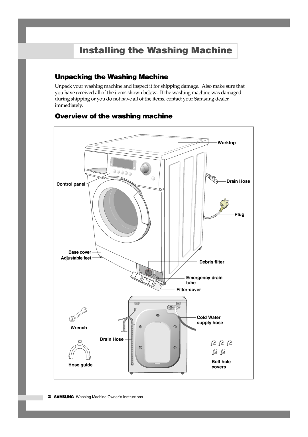 Samsung Q1044, Q844, Q1244 Installing the Washing Machine, Unpacking the Washing Machine, Overview of the washing machine 