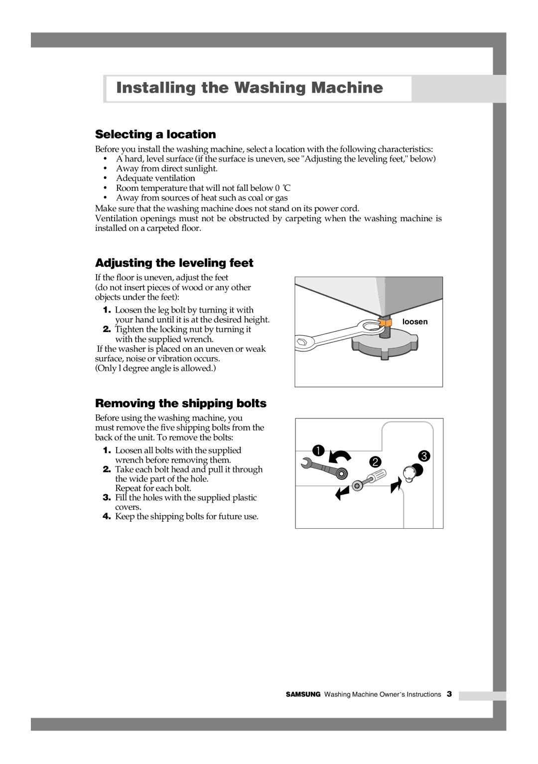 Samsung Q1244, Q844, Q1044 manual Selecting a location, Adjusting the leveling feet, Removing the shipping bolts 