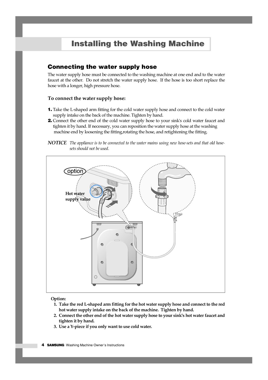 Samsung Q844, Q1044, Q1244 manual Connecting the water supply hose, To connect the water supply hose 