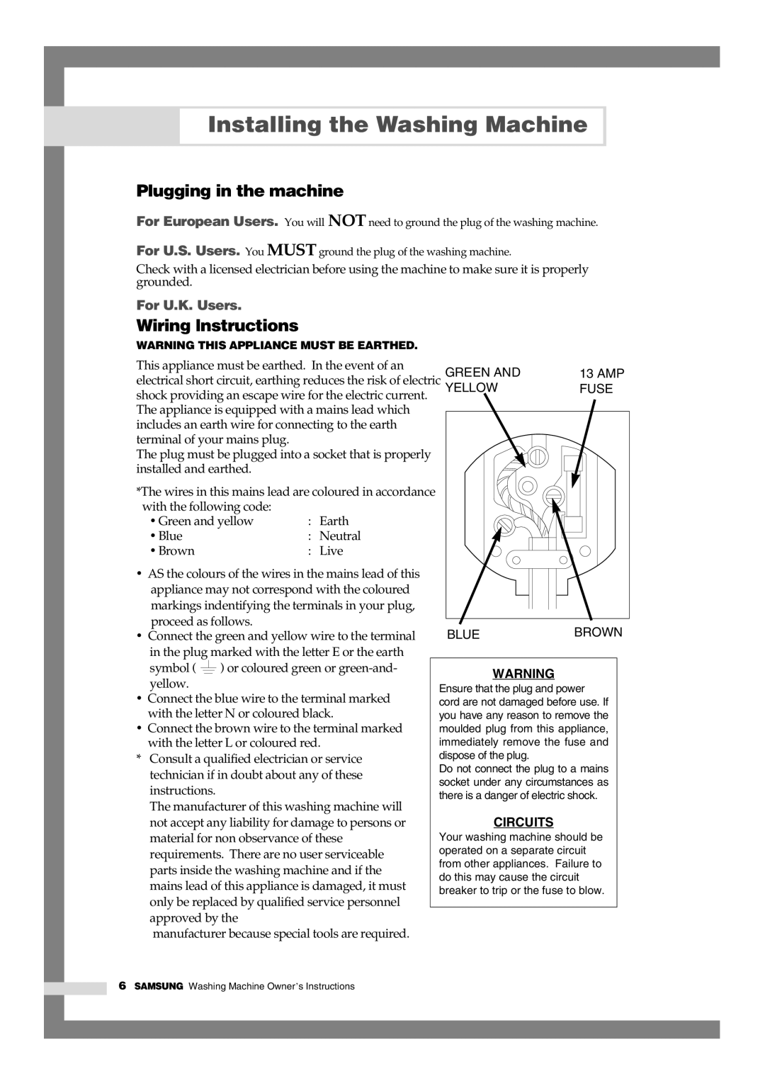 Samsung Q1244, Q844, Q1044 manual Plugging in the machine, Wiring lnstructions 