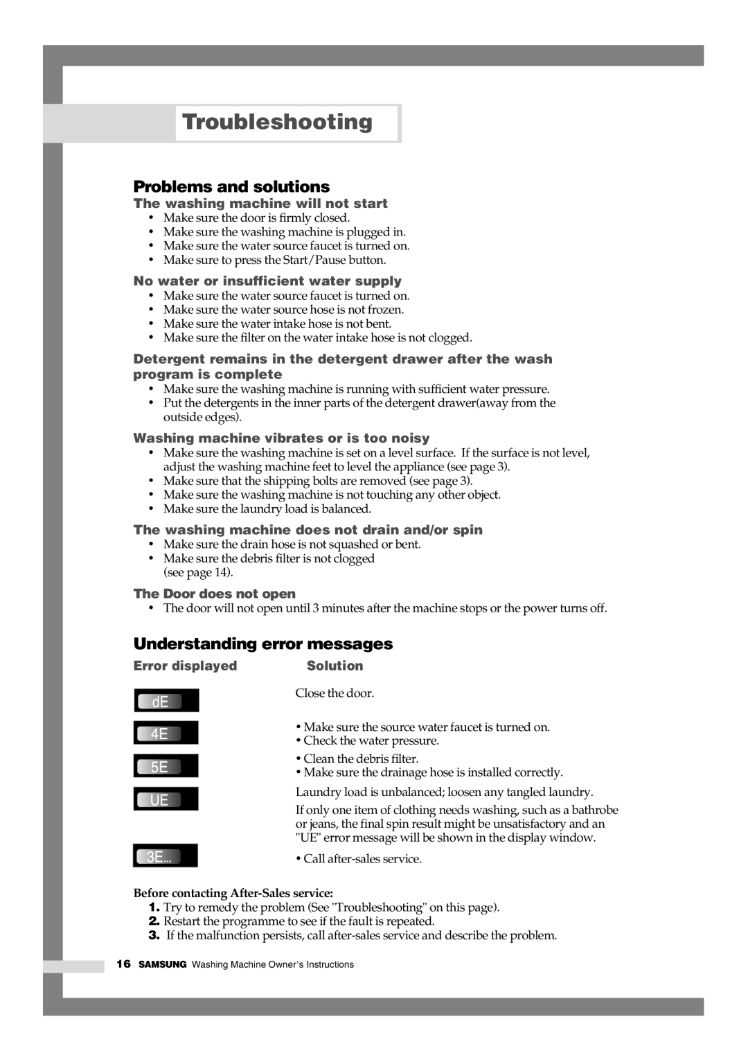 Samsung Q844, Q1044, Q1244 manual Troubleshooting, Problems and solutions, Understanding error messages 