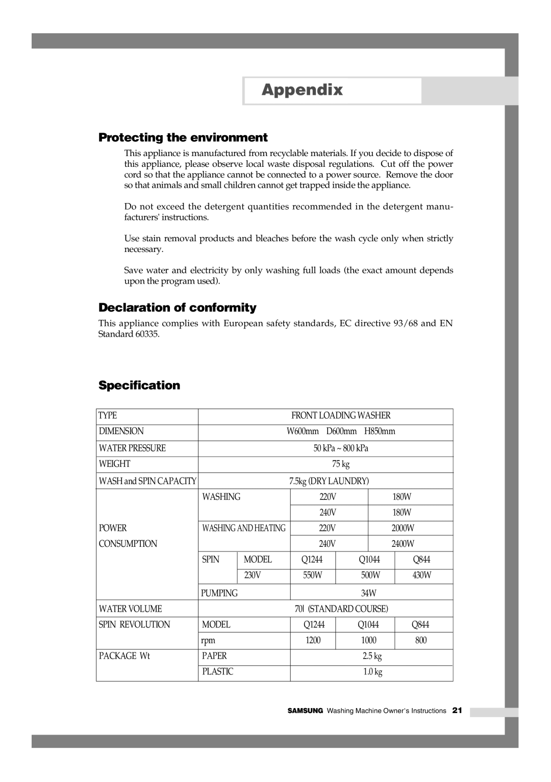 Samsung Q1244, Q844, Q1044 manual Protecting the environment, Declaration of conformity, Specification 