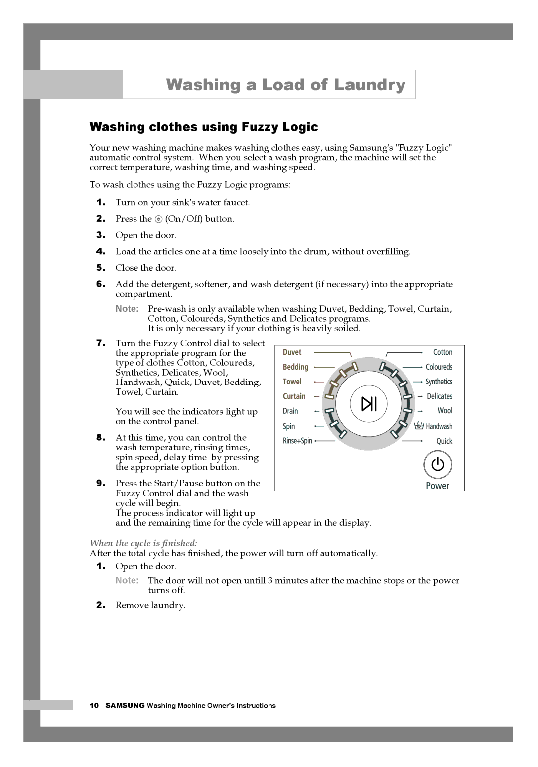 Samsung Q844A, Q1244A, Q1044A manual Washing clothes using Fuzzy Logic, When the cycle is ﬁnished 