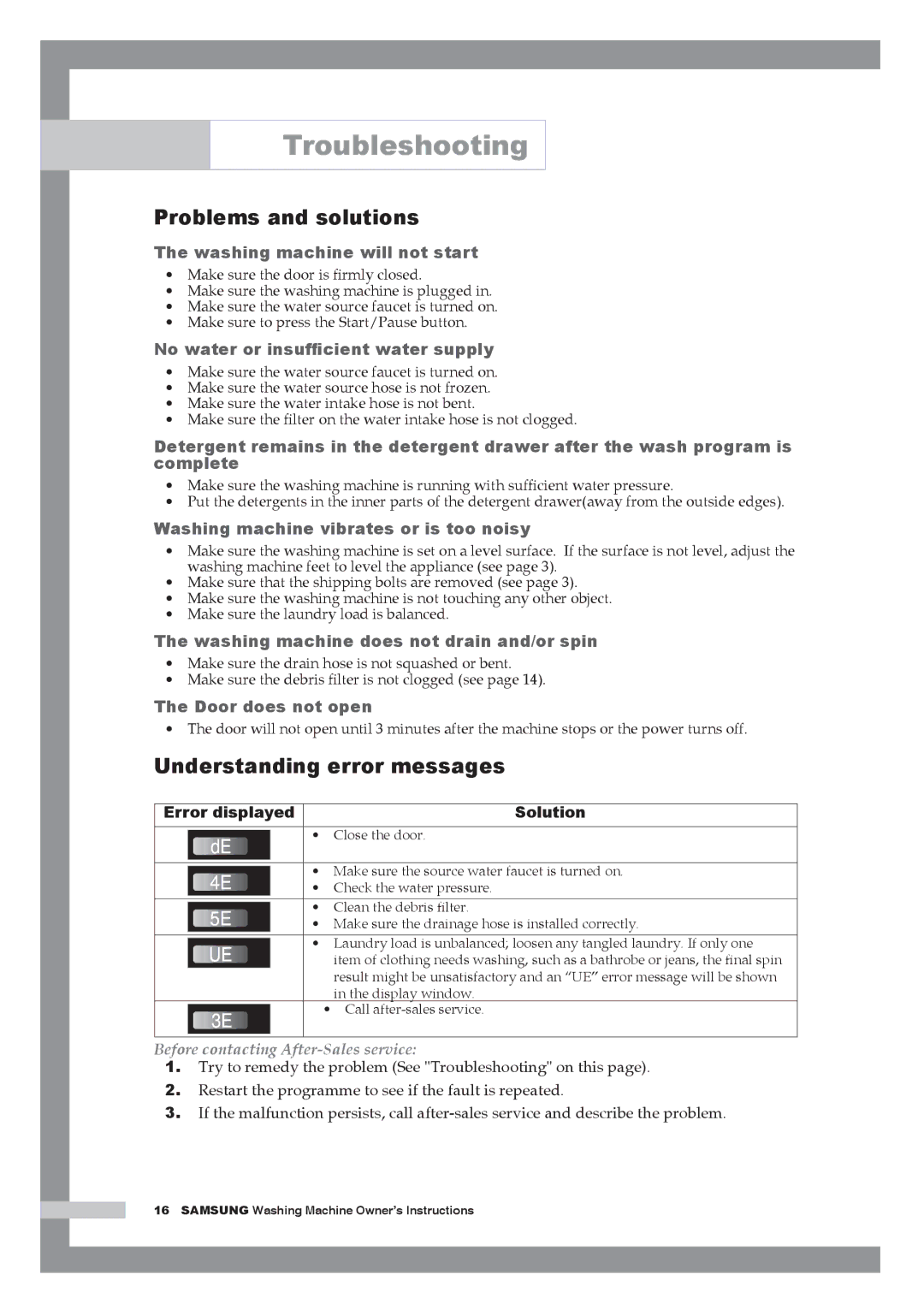 Samsung Q844A Troubleshooting, Problems and solutions, Understanding error messages, Before contacting After-Sales service 