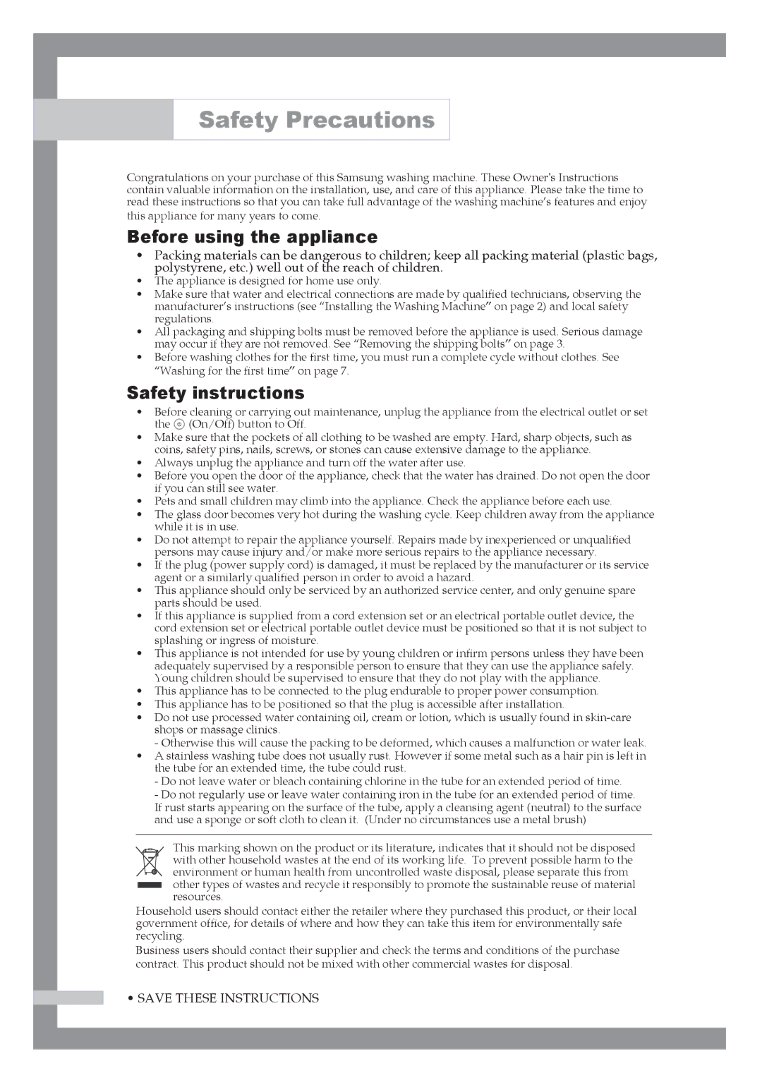 Samsung Q1044A, Q844A, Q1244A manual Safety Precautions, Before using the appliance, Safety instructions 