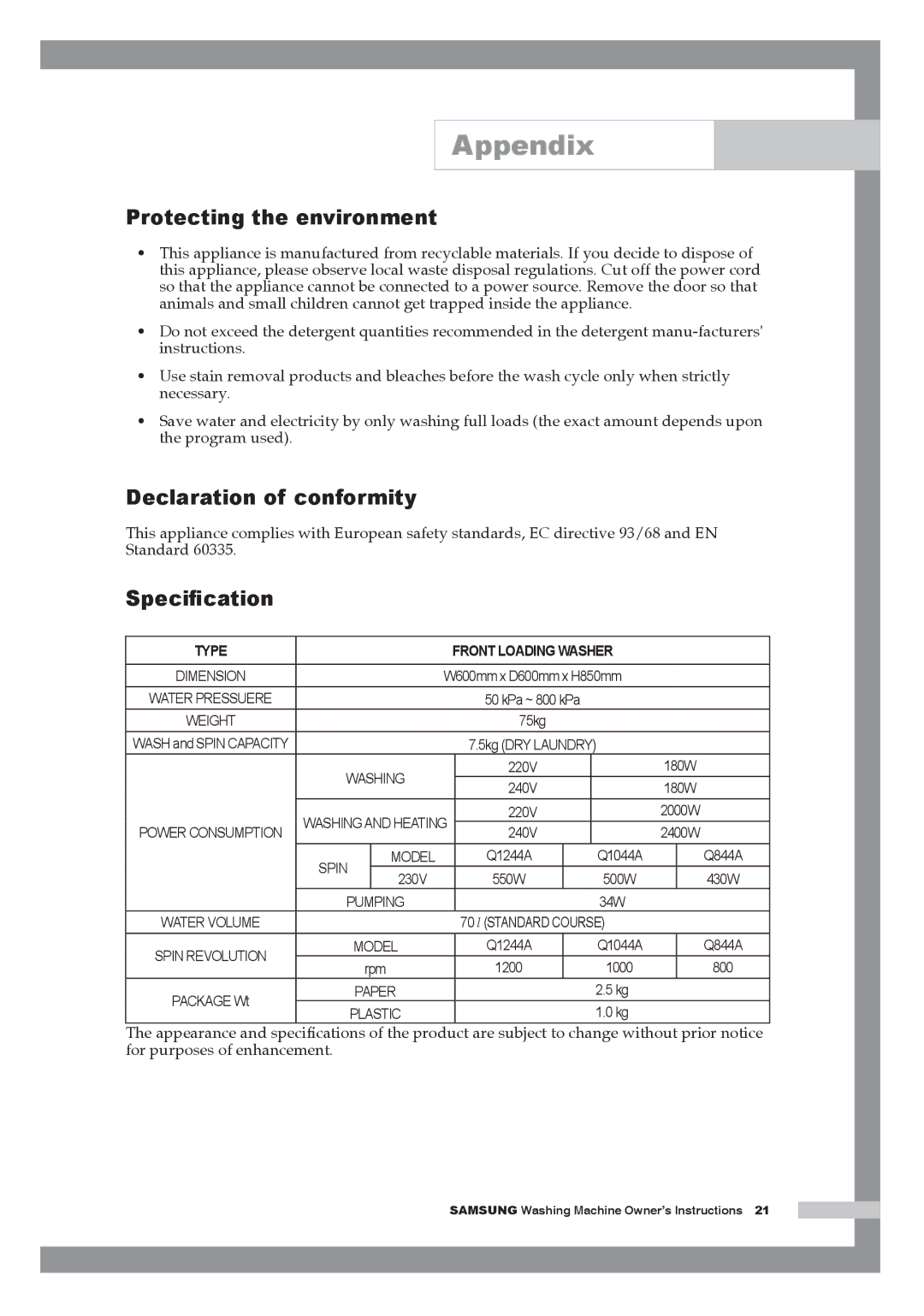 Samsung Q1044A, Q844A, Q1244A manual Protecting the environment, Declaration of conformity, Speciﬁcation 