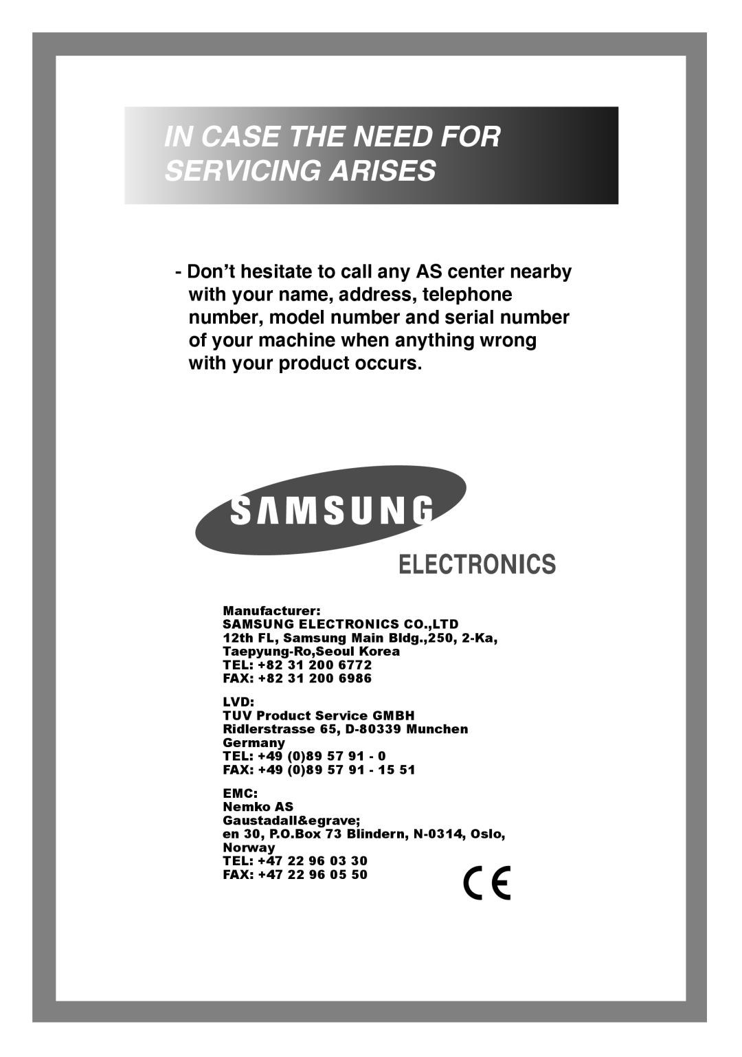 Samsung Q844A, Q1244A, Q1044A manual Case the Need for Servicing Arises 