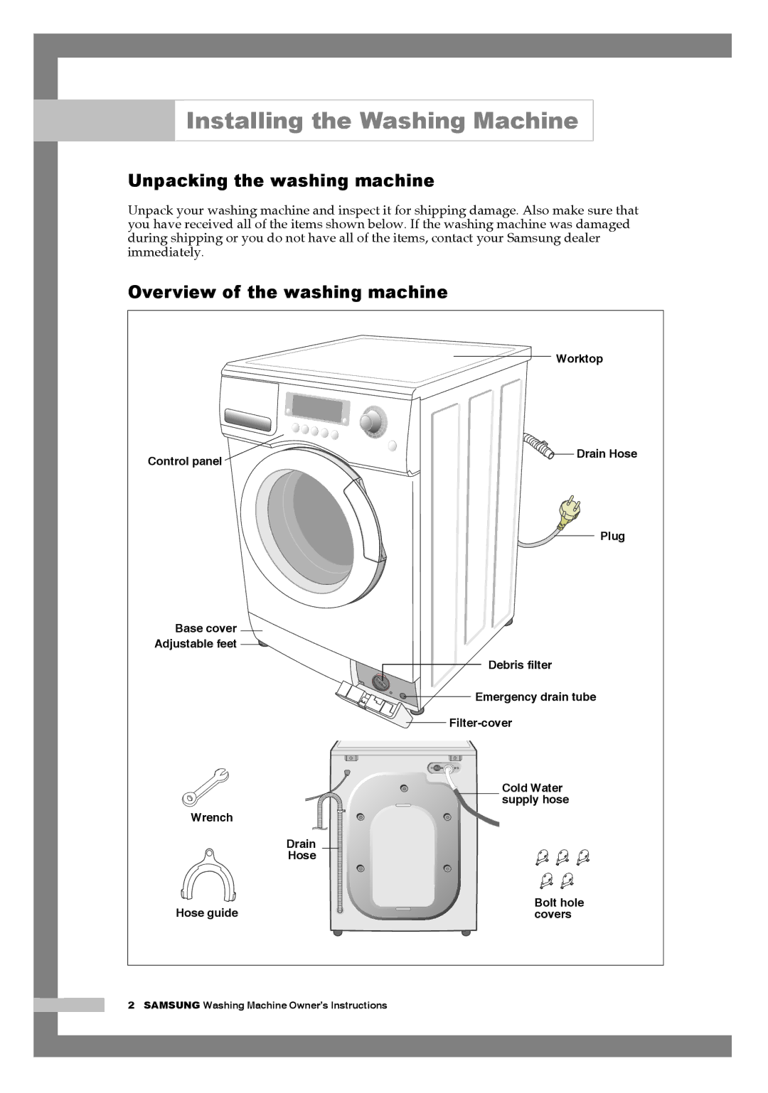 Samsung Q1244A, Q844A manual Installing the Washing Machine, Unpacking the washing machine, Overview of the washing machine 