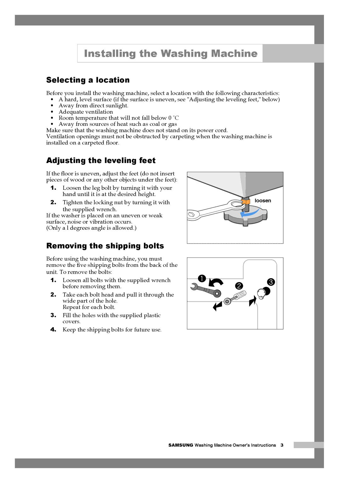 Samsung Q1044A, Q844A, Q1244A manual Selecting a location, Adjusting the leveling feet, Removing the shipping bolts 