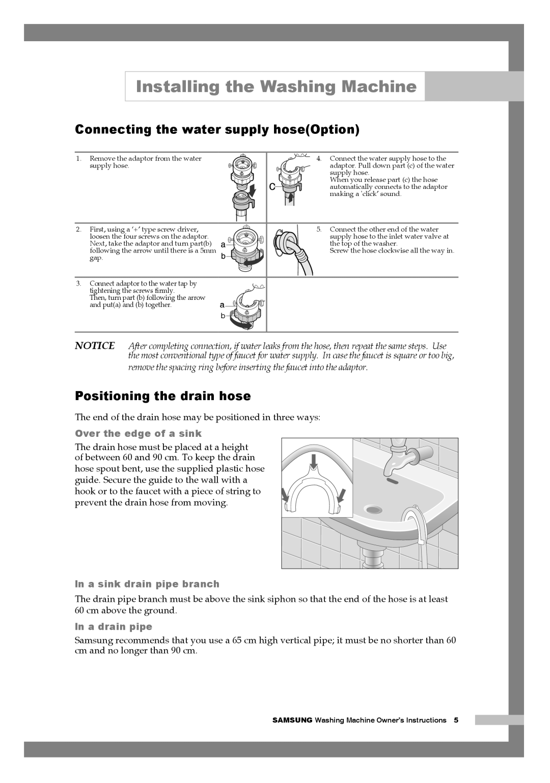 Samsung Q1244A, Q844A, Q1044A manual Connecting the water supply hoseOption, Positioning the drain hose 