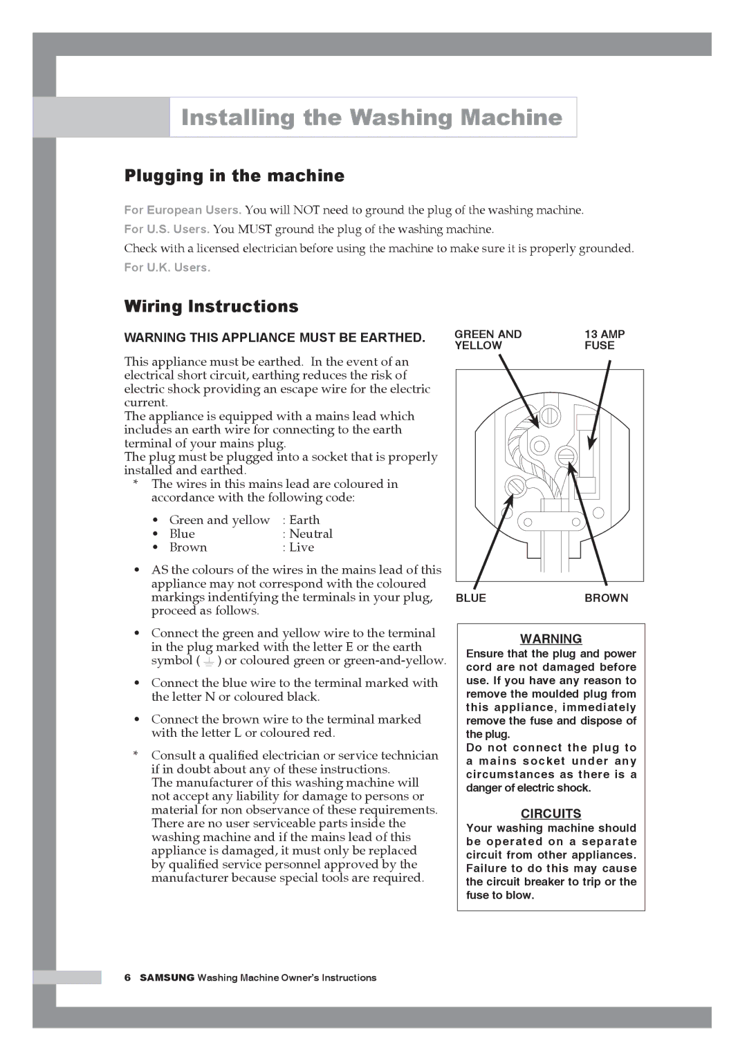 Samsung Q1044A, Q844A, Q1244A manual Plugging in the machine, Wiring lnstructions 