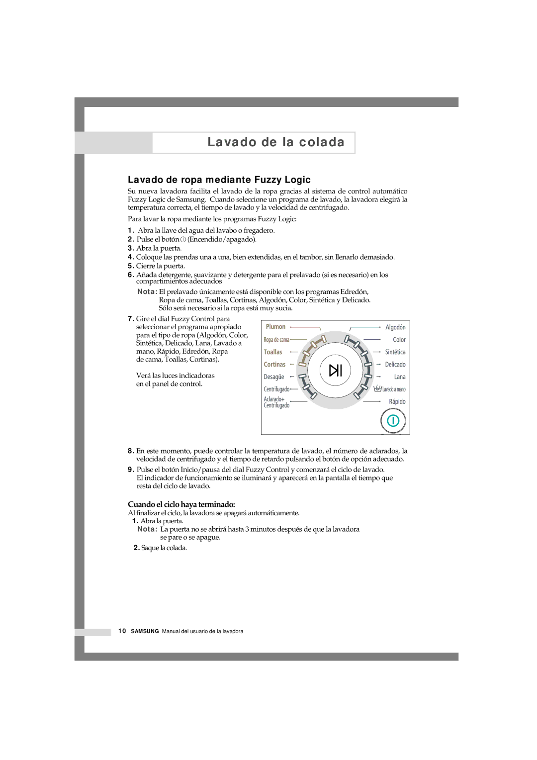 Samsung Q844GW-XEC, Q844GW1/XEC, Q844GW/XEC, Q1044GW/XEC Lavado de ropa mediante Fuzzy Logic, Cuando el ciclo haya terminado 