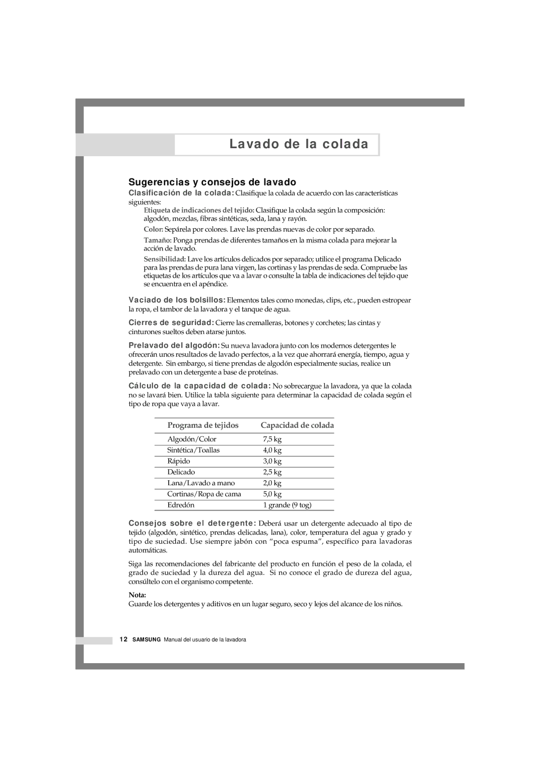 Samsung Q1044GW-XEC, Q844GW1/XEC, Q844GW/XEC, Q1044GW1/XEC, Q1044GW/XEC, Q844GW-XEC Sugerencias y consejos de lavado, Nota 